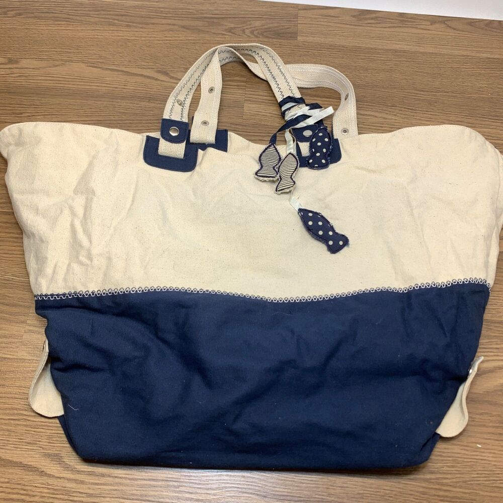SALDARINI 1882 Navy Blue White Striped Beach‎ Nautical Canvas Large Tote